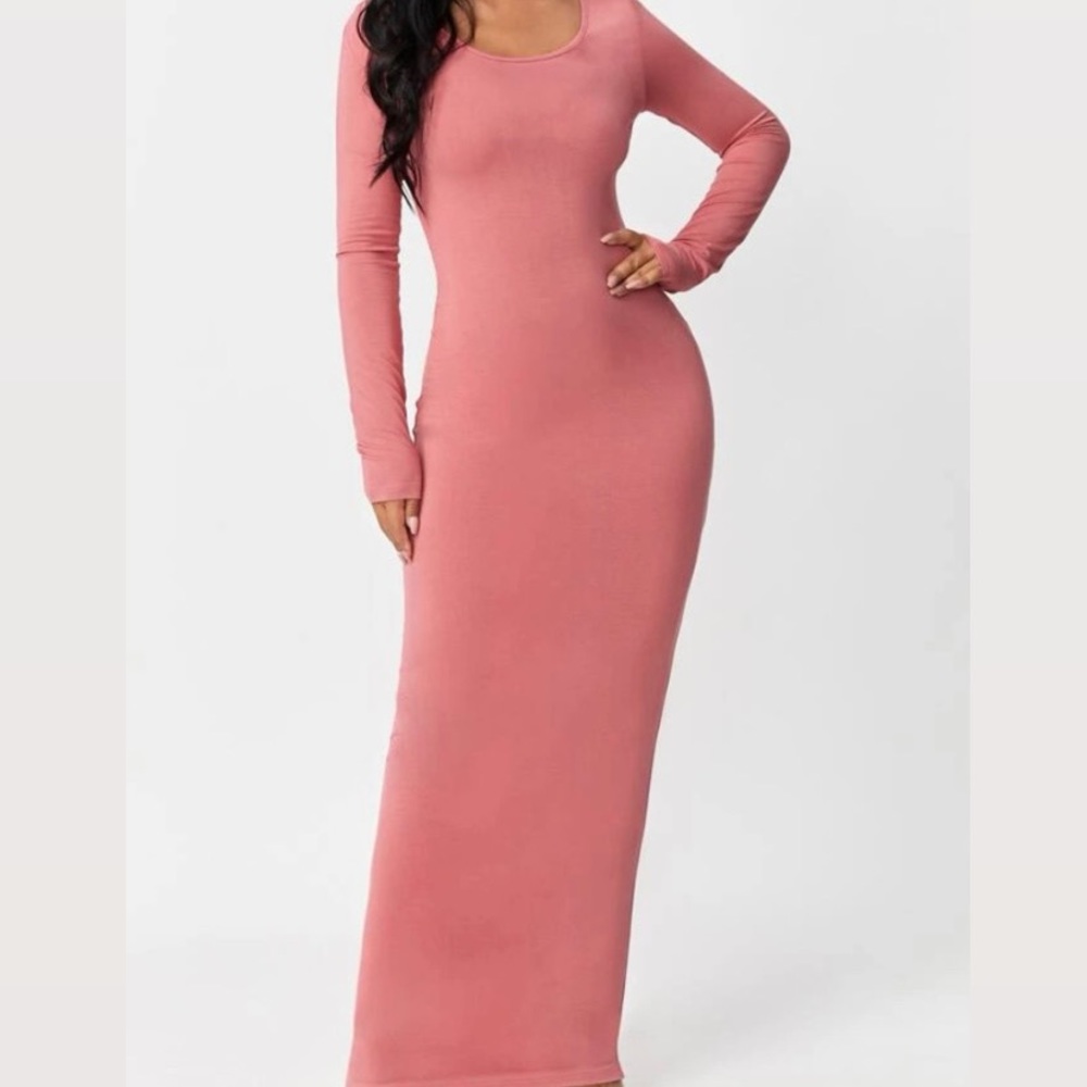 long sleeve pink maxi dress